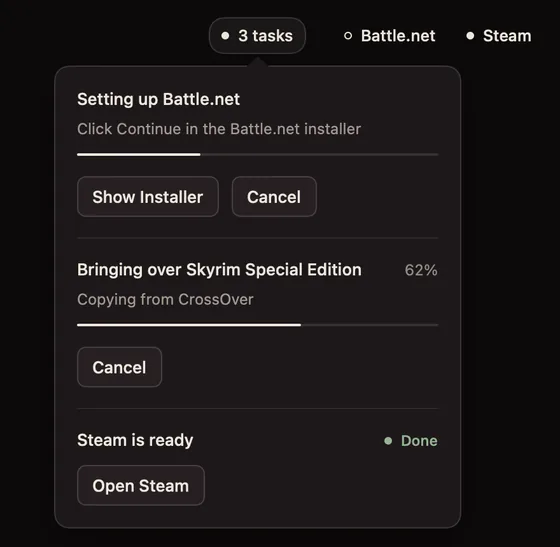 Malbec’s task list: setting up Battle.net, bringing over Skyrim Special Edition from CrossOver at 62 percent, and Steam is ready.