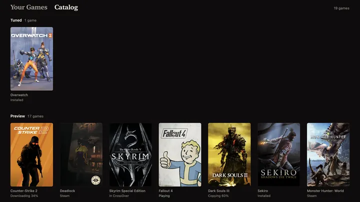The catalog in Malbec: Overwatch under Tuned, then the Preview shelf with Counter-Strike 2, Deadlock, Skyrim Special Edition, Fallout 4, Dark Souls III, Sekiro and Monster Hunter: World, each with what it is doing.