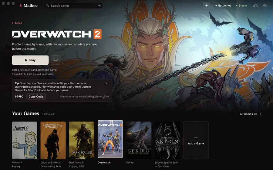 Malbec’s library: Overwatch at the top with its Play button, and the covers of the other games in the library under it.