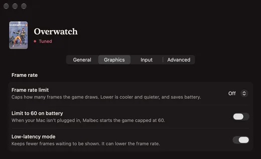 Overwatch’s settings in Malbec, labelled Tuned, with tabs for General, Graphics, Input and Advanced, and Reset to Malbec’s Settings.